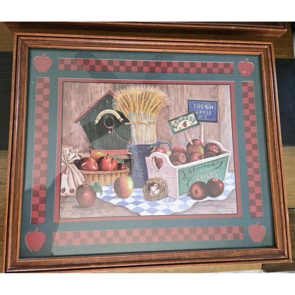 S/2 Vintage Home Interior Country Apples Double Matted Dark Wood Framed W Glass